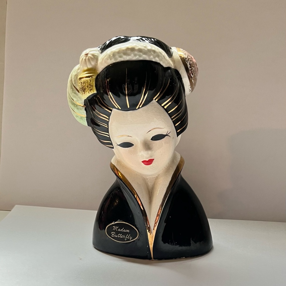 Rare 1950s Vintage Lee Wards Madame Butterfly Black and Gold Head Vase